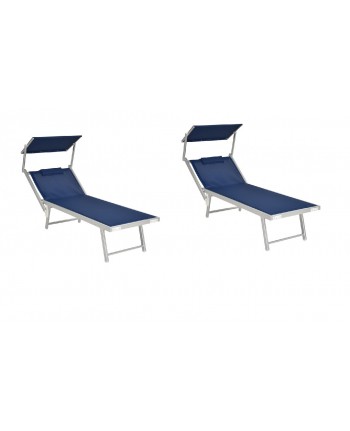 COPPIA LETTINO MARE IN ALLUMINIO BLU CON PARASOLE E CUSCINO  183CM TELO TEXILENE