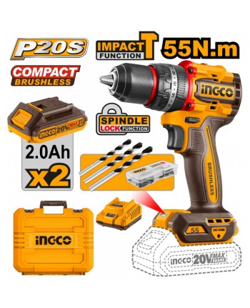 TRAPANO A PERCUSSIONE 55 NM 20V COMPACT BRUSHLESS CON 2 BATTERIE - INGCO CIDLI20558E