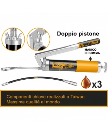 INGRASSATORE A MANO DOPPIO PISTONE + tubi + testine - 400cc - POMPA INGRASSAGGIO GRG015002 INGCO