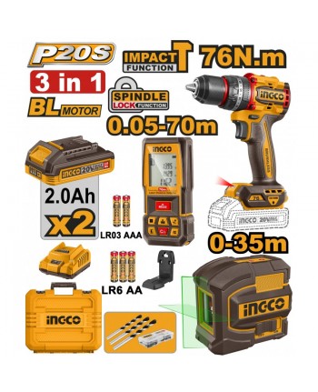 SET TRAPANO AVVITATORE 76NM + LIVELLA AUTOLIVELLANTE VERDE + RILEVATORE DI DISTANZA