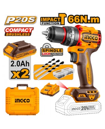 TRAPANO A PERCUSSIONE 66 NM 20V COMPACT BRUSHLESS CON 2 BATTERIE - INGCO CIDLI20668E