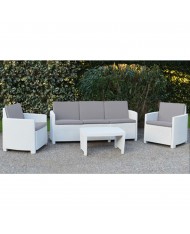 SET GIARDINO salotto RESINA EFFETTO RATTAN BIANCO  Set 4 PZ CUSCINI GRIGIO